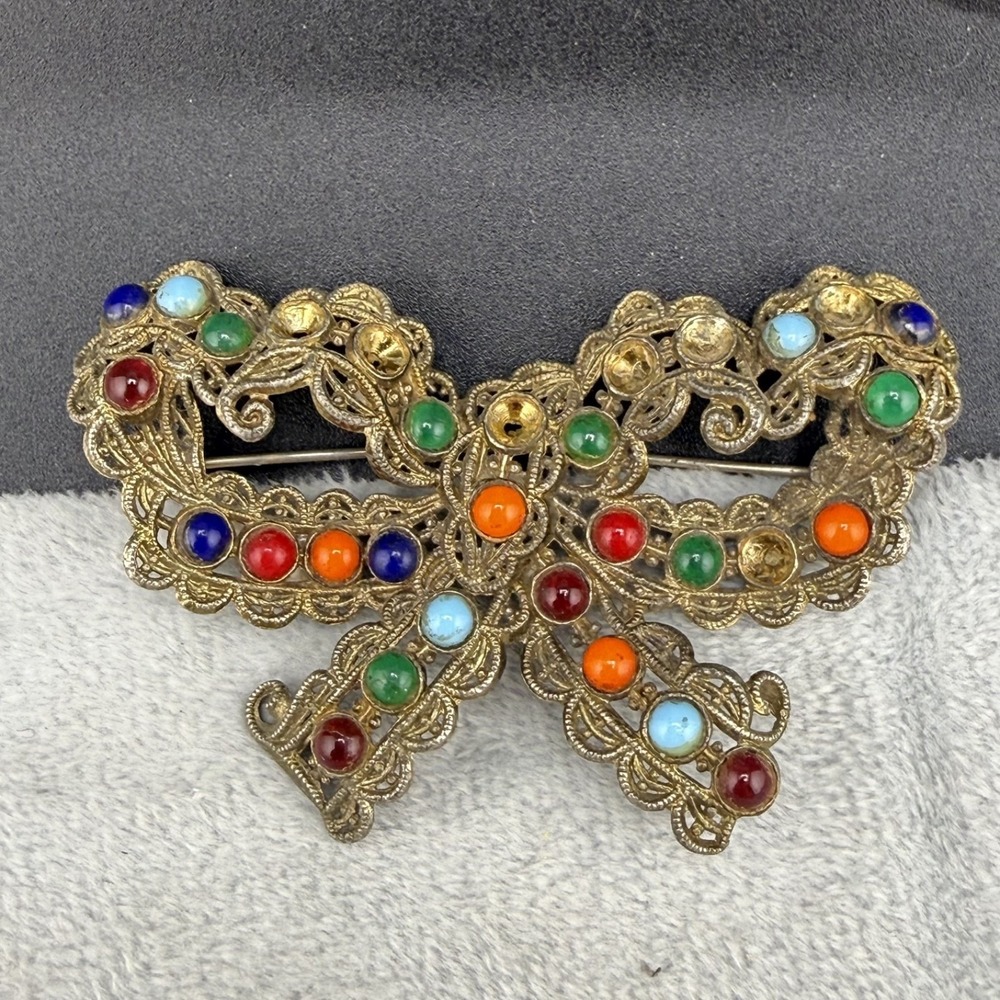 Vintage Estate Bow Brooch Gold Tone Multi Color Pot Metal Filigree